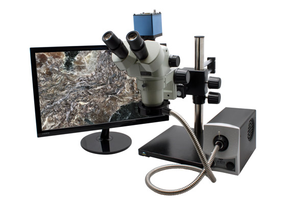 26800B-382 SPZV-50 True Trinocular Stereo Zoom Microscope on Stand DABS, HD Camera. LED FOI & 22" Monitor